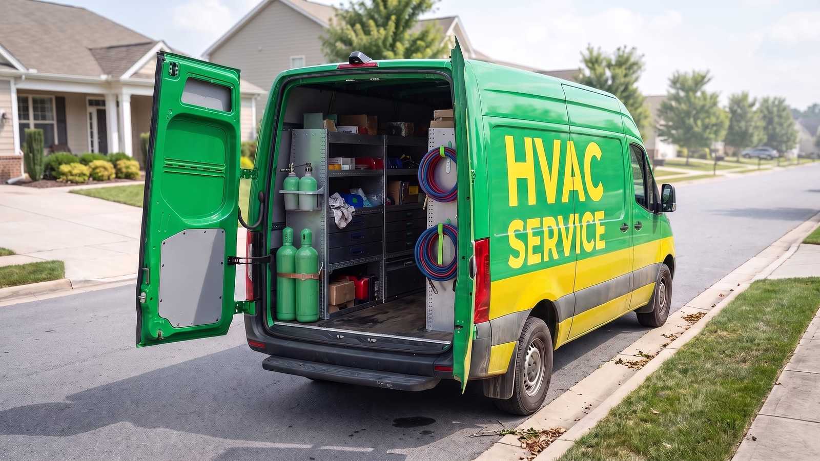 A green van lettered HVAC SERVICE parked at a suburban curb with its rear doors open