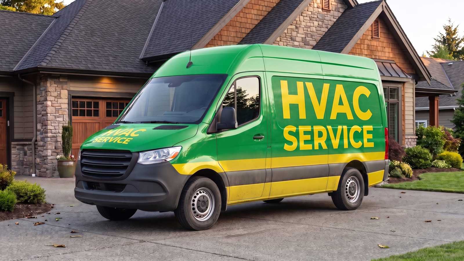 A green van lettered HVAC SERVICE parked in the driveway of a stone and shingle house