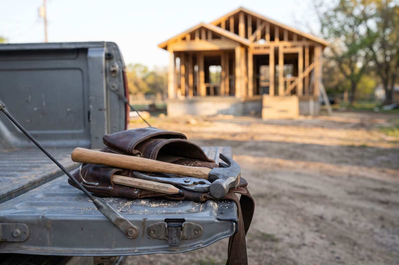 A worn leather tool belt and hammer on a pickup tailgate in front of a house frame under construction