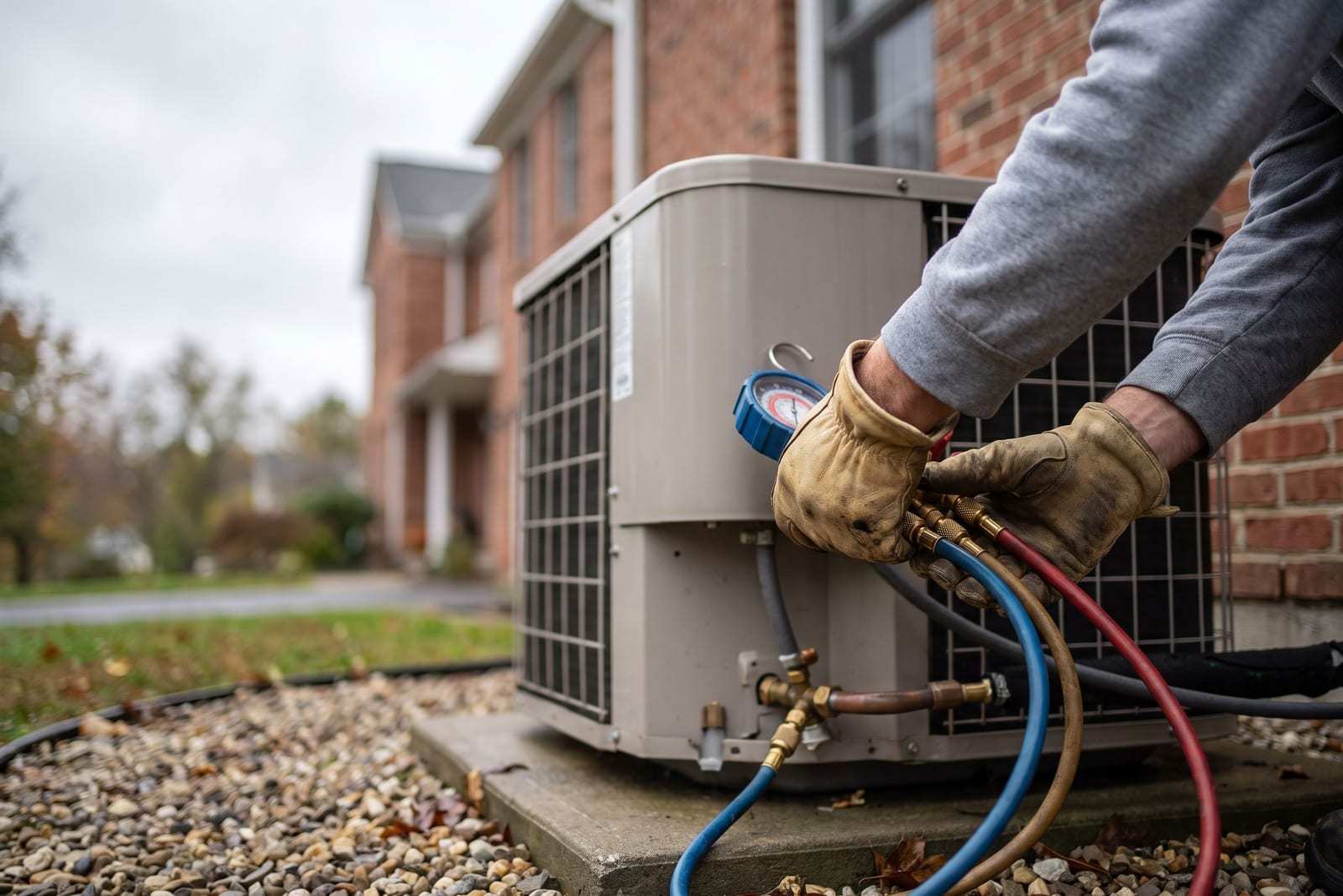 Gloved hands connecting gauge hoses to an outdoor air conditioner beside a brick house