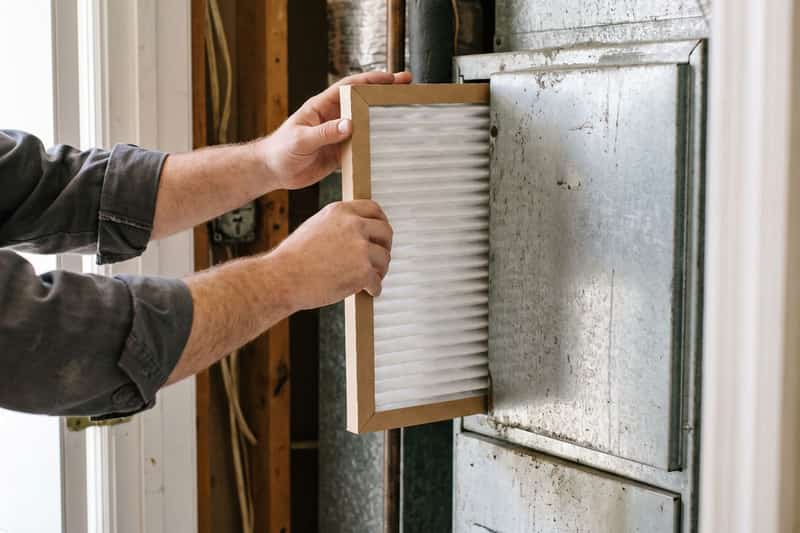 Hands sliding a new pleated filter into a furnace air handler