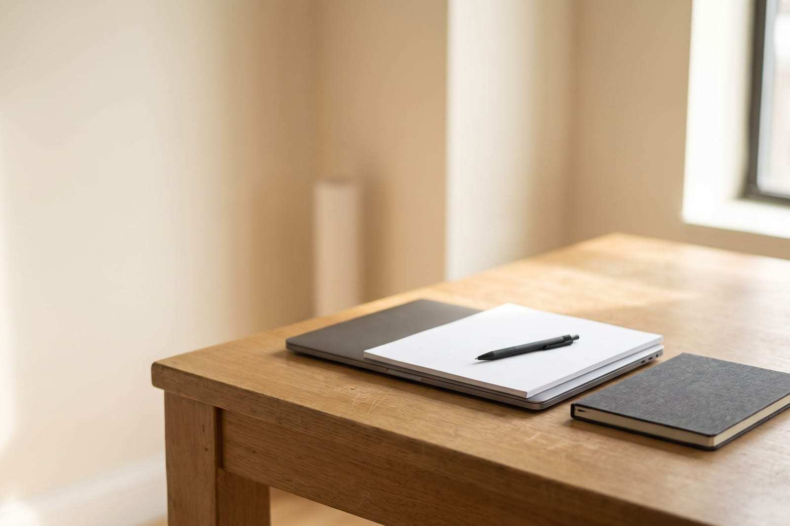 A wooden desk by a window with a closed laptop, a blank notepad, a pen and a notebook