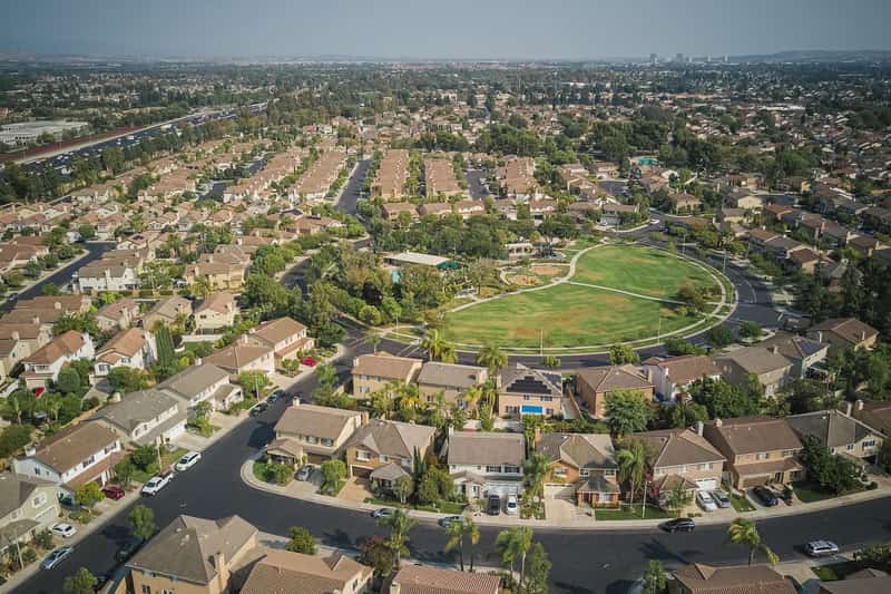 Aerial view of a residential neighborhood around a park