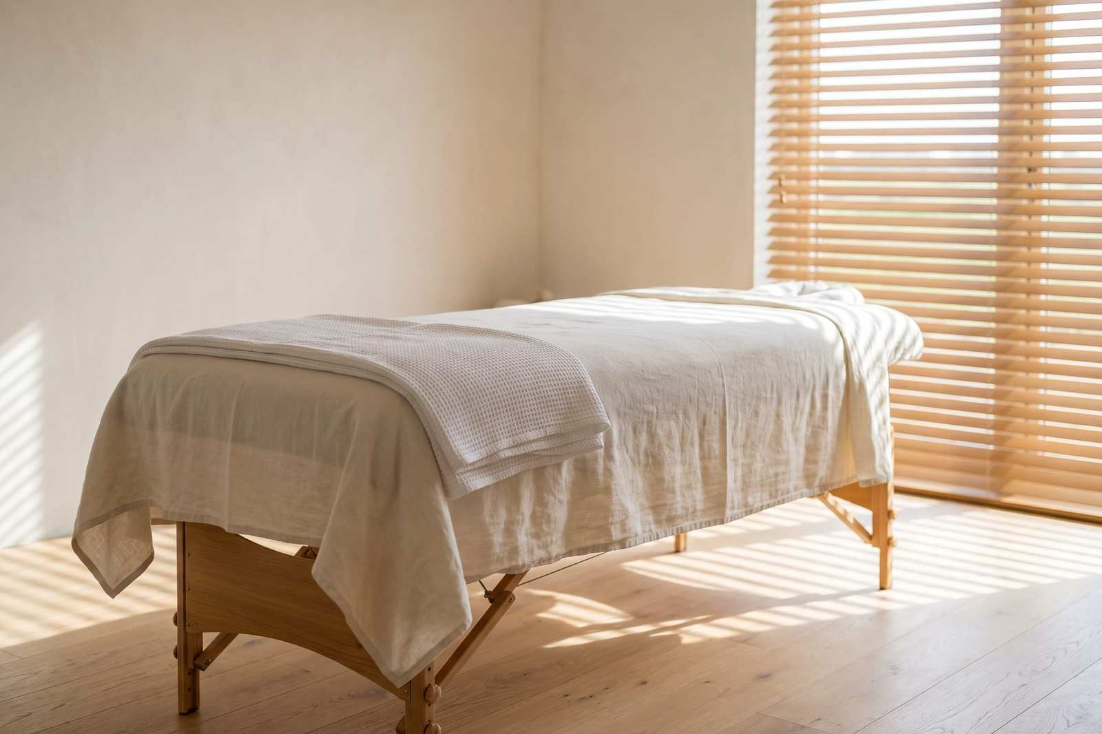 An empty treatment room with a towel-covered table in warm window light