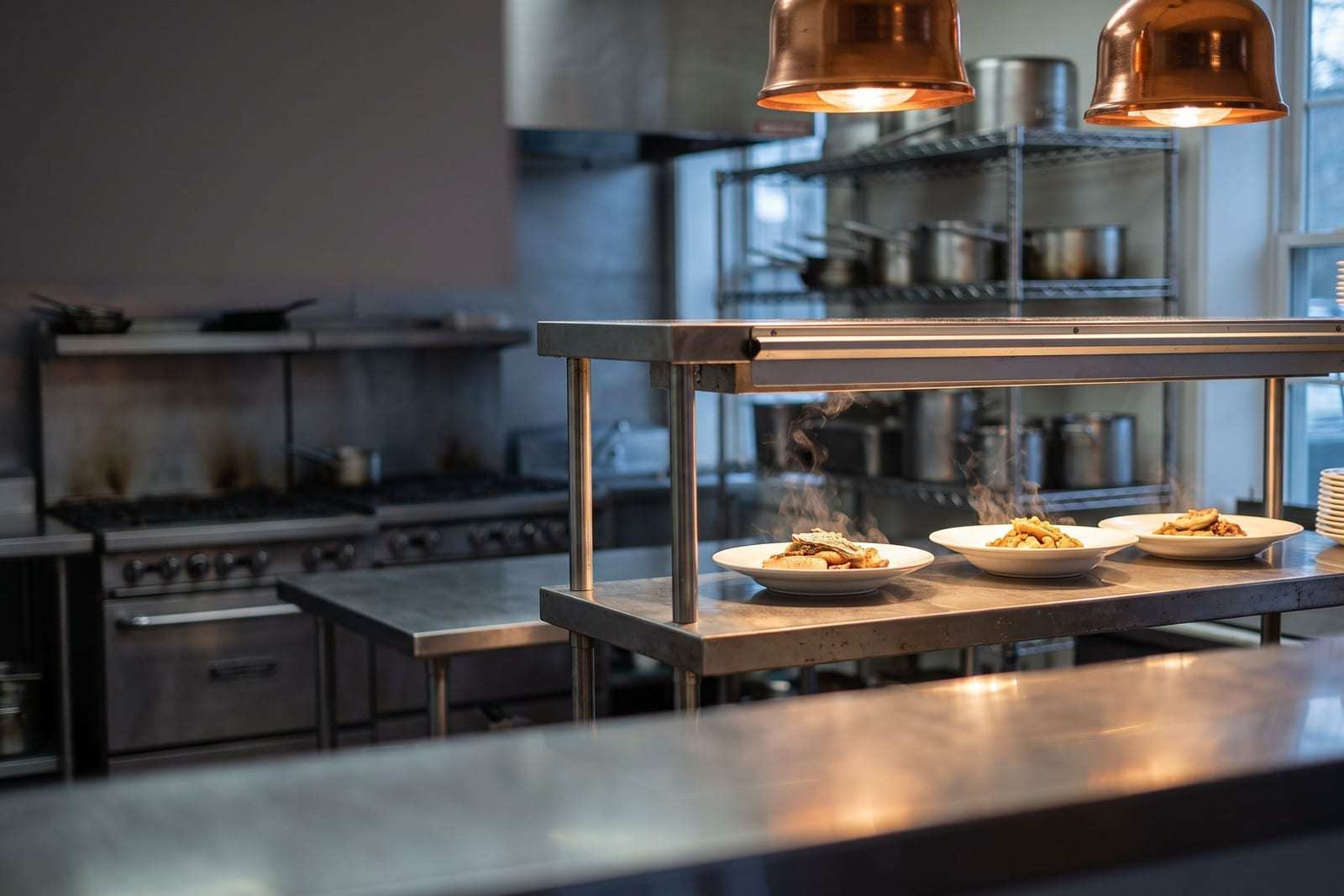 Plated dishes waiting under heat lamps on the pass of an empty restaurant kitchen